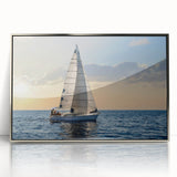 Art deco style sailboat illustration on silver-framed acrylic, featuring cool blue and white tones.