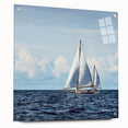 Acrylic print of a side view sailboat in muted blue and white tones, suitable for bedroom or dining room decor.