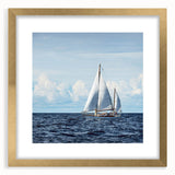 Textured abstract art print of a sailboat in muted blue and white tones on a framed canvas, suitable for bedroom art.
