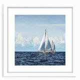 Abstract sailboat design in textured blue and white hues on a large framed canvas, ideal for living room decor.