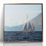 Mid-century modernist art of a sailboat in muted blues on a framed acrylic, ideal for nursery wall art.