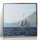 Art deco style sailboat poster in silver frame, featuring soft blue and white tones, suitable for modern nursery decor.