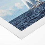 Art deco poster of a sailboat on vibrant blue waters, printed on rolled canvas, suitable for dining room decor.