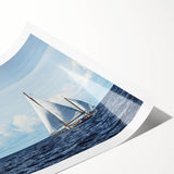 Extra large wall art featuring a sailboat on rolled canvas, using muted blue and white hues.