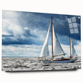 Acrylic print of a sailboat in muted blue and white tones, ideal for modern bedroom or dining room decor.