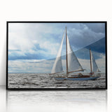Large abstract wall art of a sailboat in monochrome, framed in black acrylic, ideal for modern living room decor.