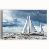 Black and white image of a sailboat on a stretched canvas, ideal for kitchen wall art.