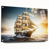 Acrylic print of a side-view sailboat in neutral and blue tones, suitable for bedroom or dining room decor.