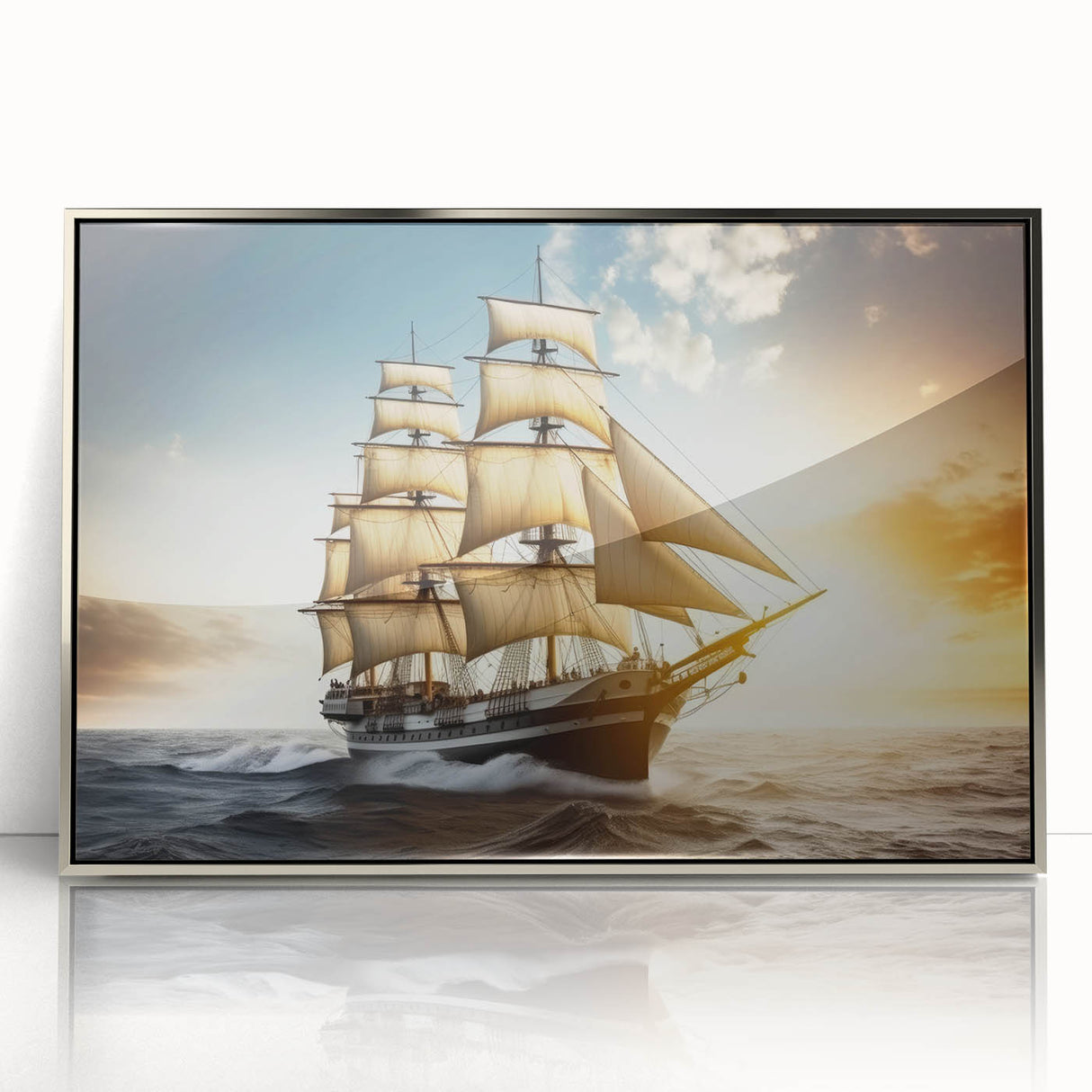 Art Deco style sailboat poster in silver frame, featuring vibrant blue and white tones, suitable for modern nursery wall art.