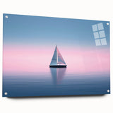 Acrylic print of a sailboat in motion, using cool blue and white tones, suitable for bedroom or dining room wall art.