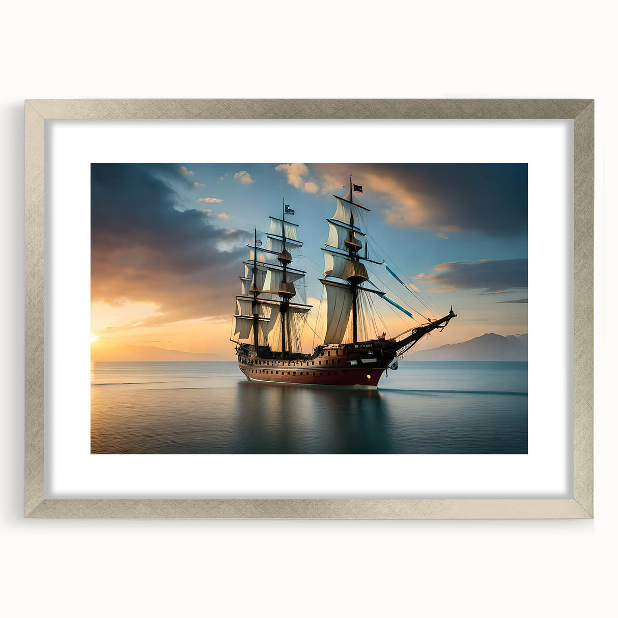 Abstract art print of a sailboat in muted blue and gray tones on a framed canvas, suitable for dining room or bedroom decor.