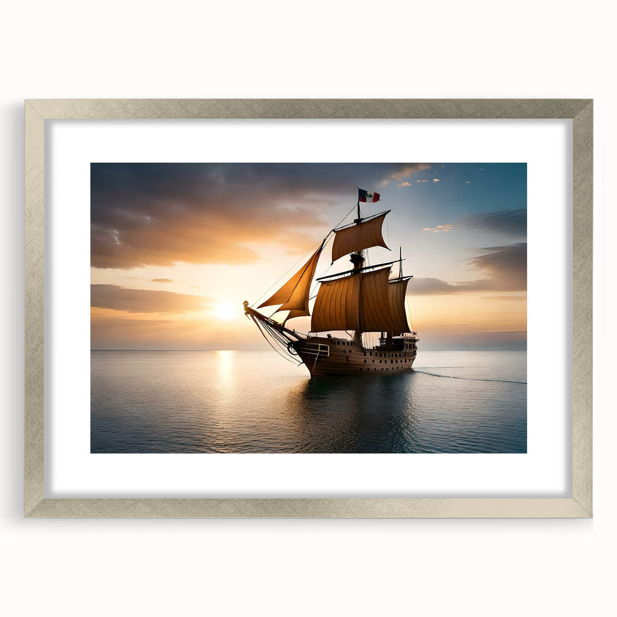 Abstract art print of a sailboat in muted blue and white tones, framed in silver, suitable for dining room decor.