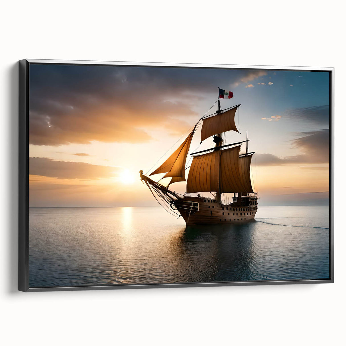 Black and white framed canvas featuring a vintage sailboat, ideal for bedroom wall art.