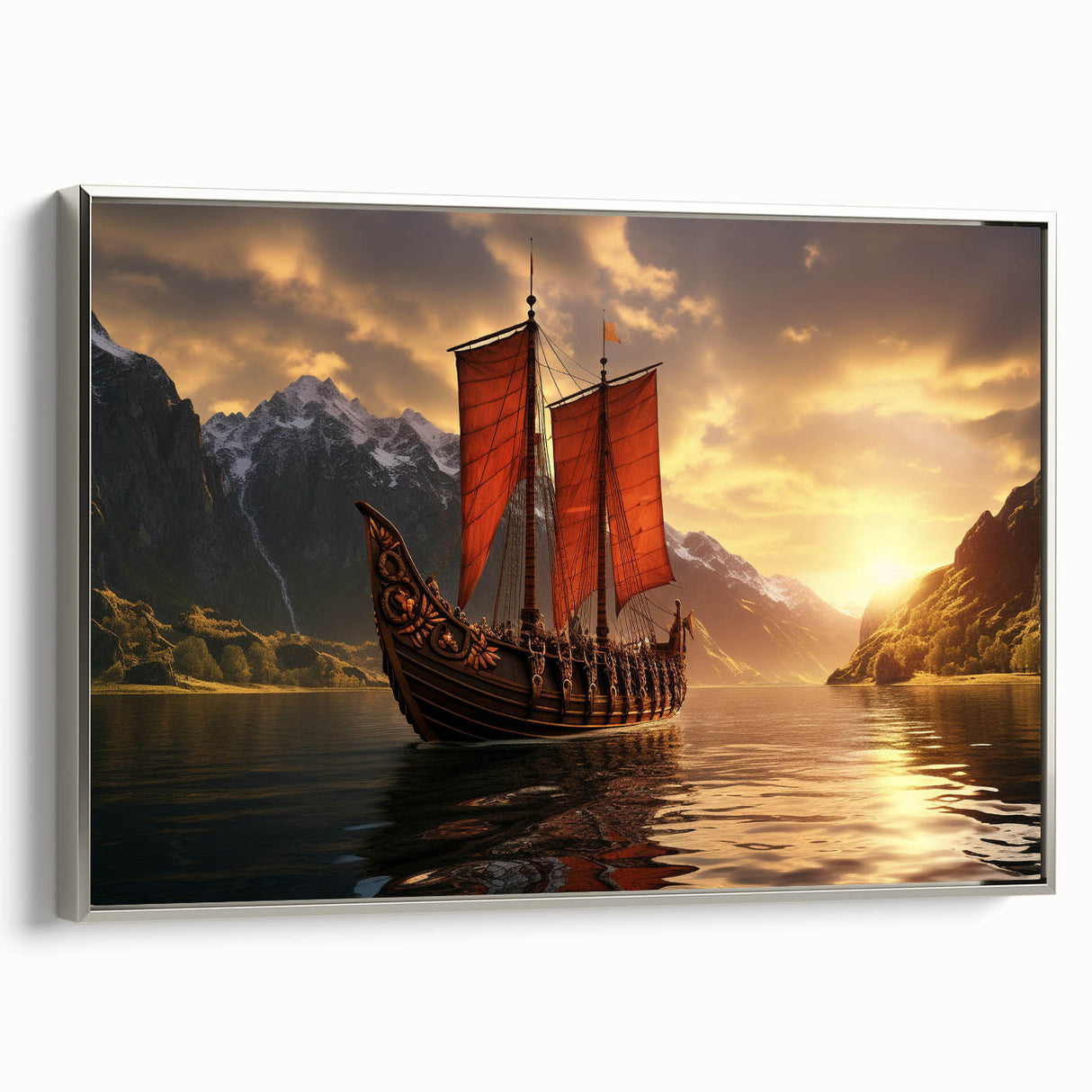Vintage poster art of a sailboat, rendered in colorful hues on a black background, framed canvas.