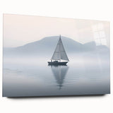 Side view of a large abstract sailboat print in muted blue tones on acrylic glass, ideal for bedroom or dining room art.