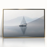 Mid-century modernist sailboat in muted blues and whites, acrylic print in a gold frame, suitable for nursery wall art.