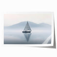 Sailboat on a calm sea in muted blue and gray tones, rolled canvas print, suitable for dining room wall decor.
