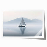 Sailboat on a calm sea in muted blue and gray tones, rolled canvas print, suitable for dining room wall decor.