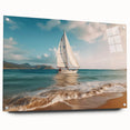 Acrylic print of a side-view sailboat in muted blue and white tones, suitable for bedroom or dining room decor.