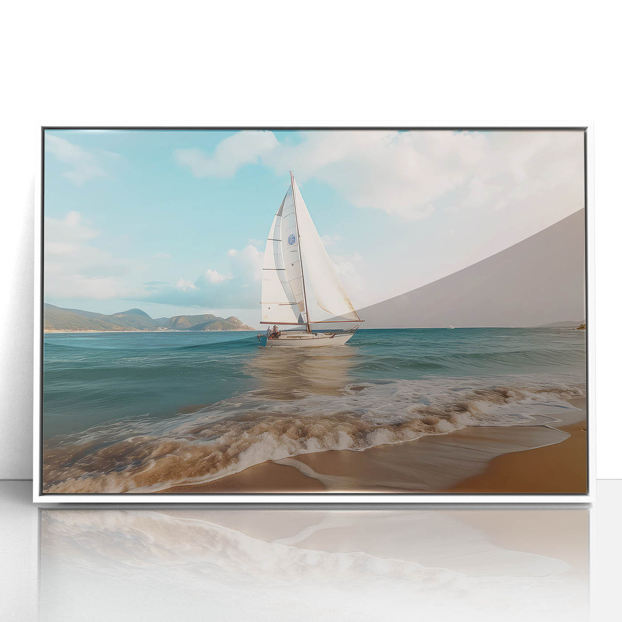 Acrylic print of a mid-century modernist sailboat in muted blue and white tones, ideal for modern art wall decor.