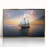 Mid-century modernist style acrylic print of a sailboat, utilizing gold and blue tones, ideal for nursery wall art.