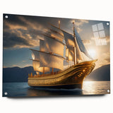 Sailboat on calm waters acrylic print in blue and white tones, ideal for modern bedroom or dining room ambiance.