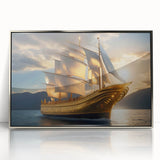 Art deco style sailboat on calm seas, framed acrylic in silver, subdued blue and gray tones.