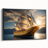 Black and white framed canvas of a vintage sailboat in motion, ideal for bedroom landscape art.