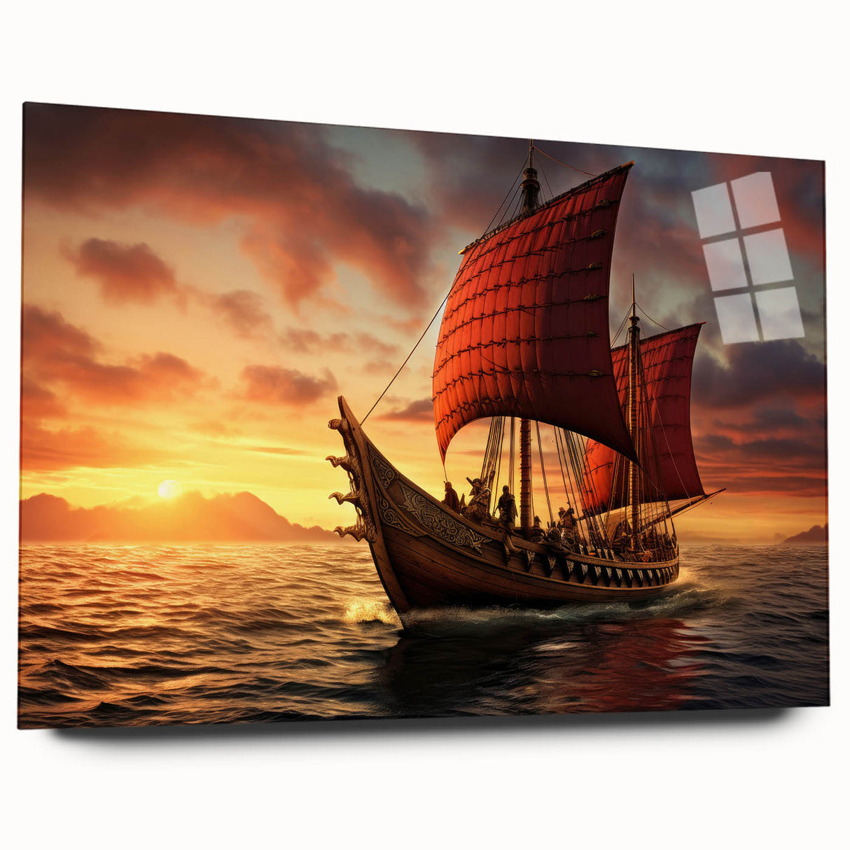 Side view of a large abstract sailboat print on acrylic glass, featuring cool blue and white tones.