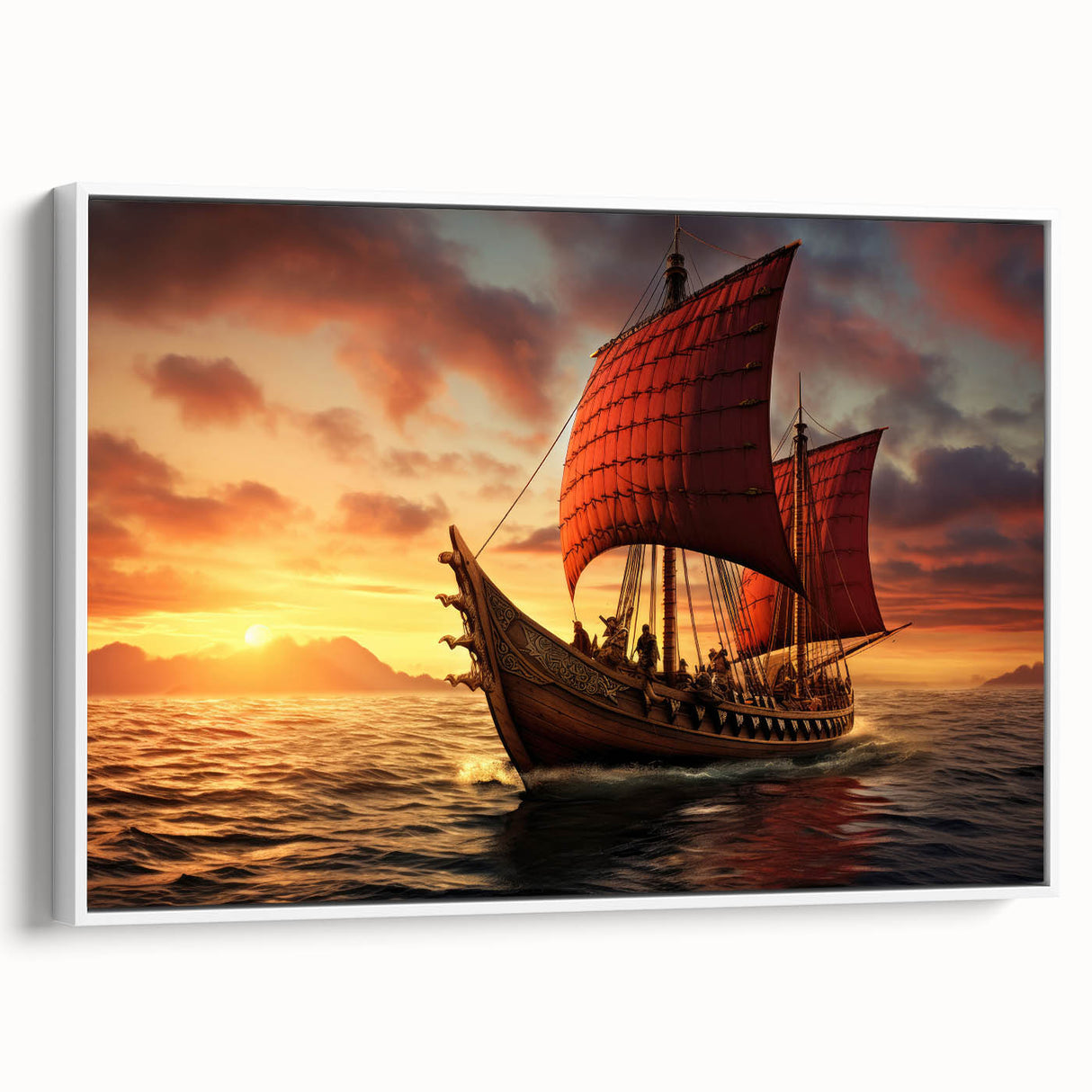 Framed canvas featuring a vintage-style sailboat on a landscape art painting with a black and white color palette.