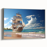 Vintage poster art of a sailboat, featuring a silver frame and colorful design on black, ideal for living room decor.