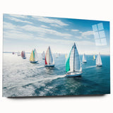 Side view of a large abstract sailboat print on acrylic glass, with cool blue and white hues.