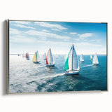 Vintage poster art of a sailboat in colorful hues on a black background, framed canvas, ideal for living room decor.