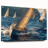 Side view of a large abstract sailboat depicted in cool blue tones on an acrylic glass.