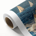 Art deco style sailboat illustration in pastel blue and cream on rolled canvas, suitable for nursery wall art.