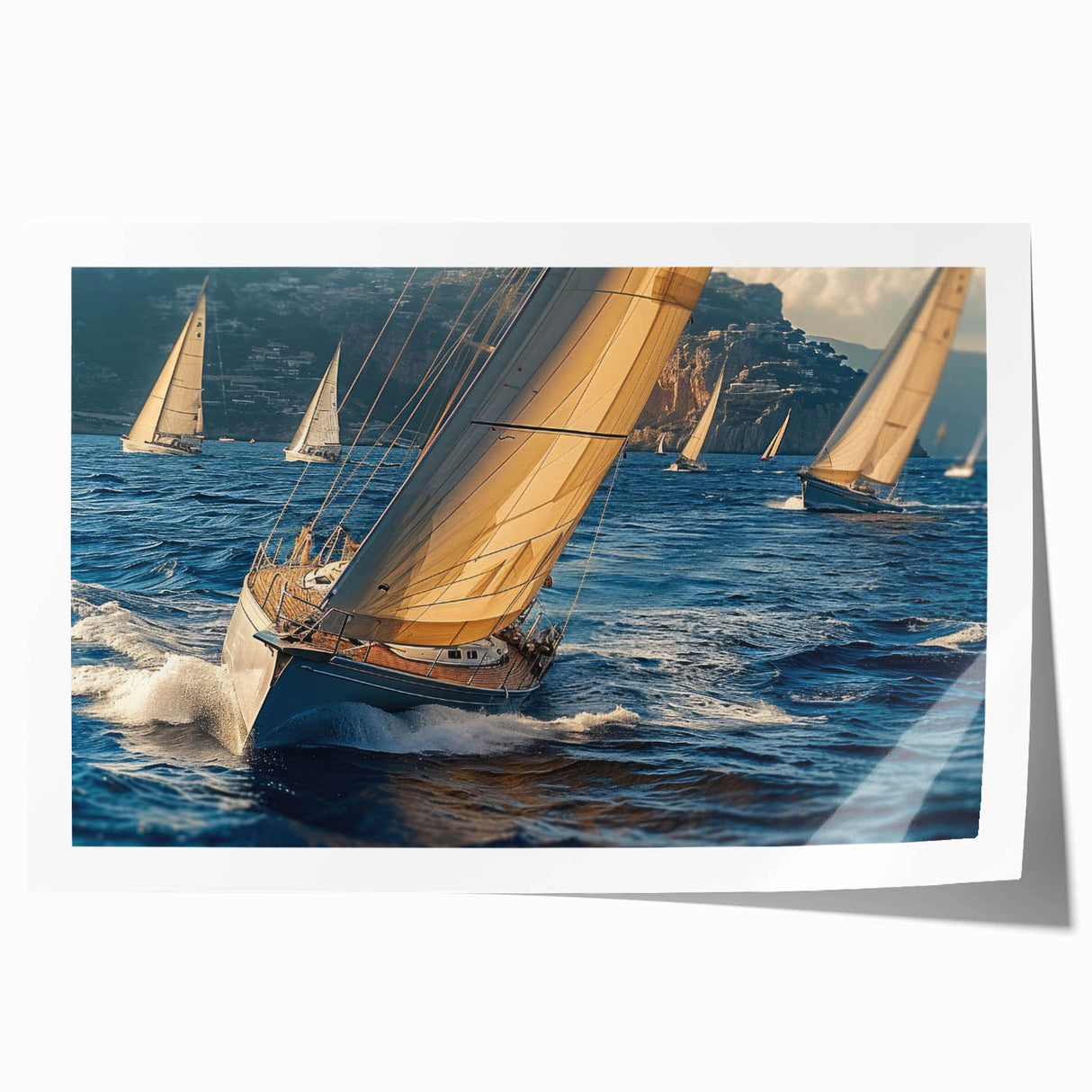 Sailboat on serene blue water, rolled print, suitable as art wall for dining room.