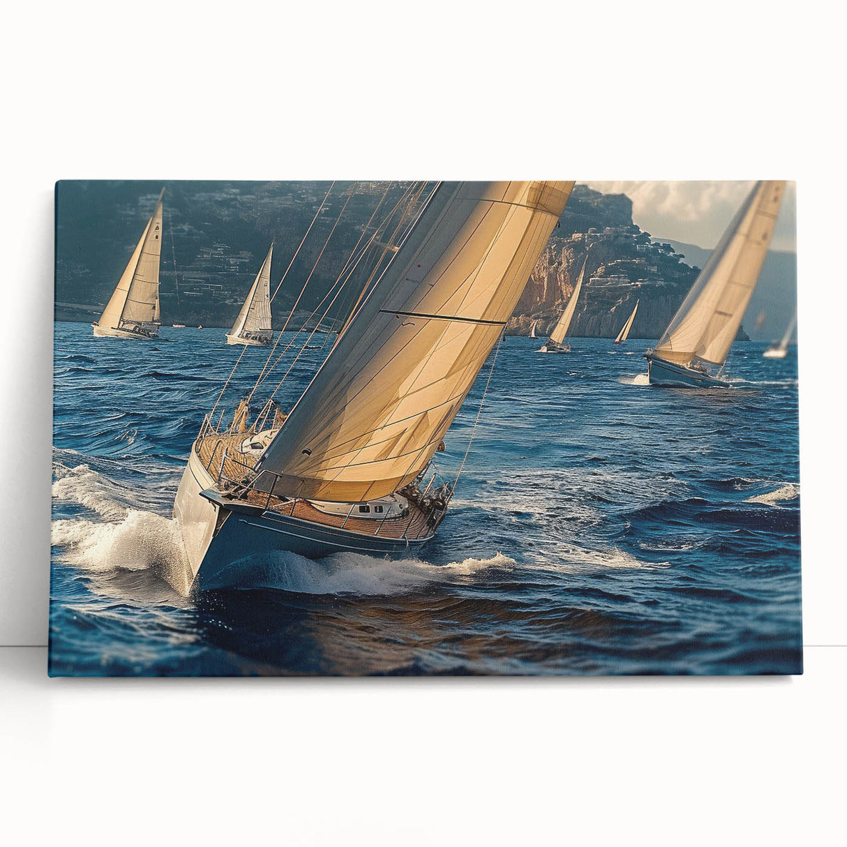 Black and white photo of a sailboat on a calm sea, printed on stretched canvas.