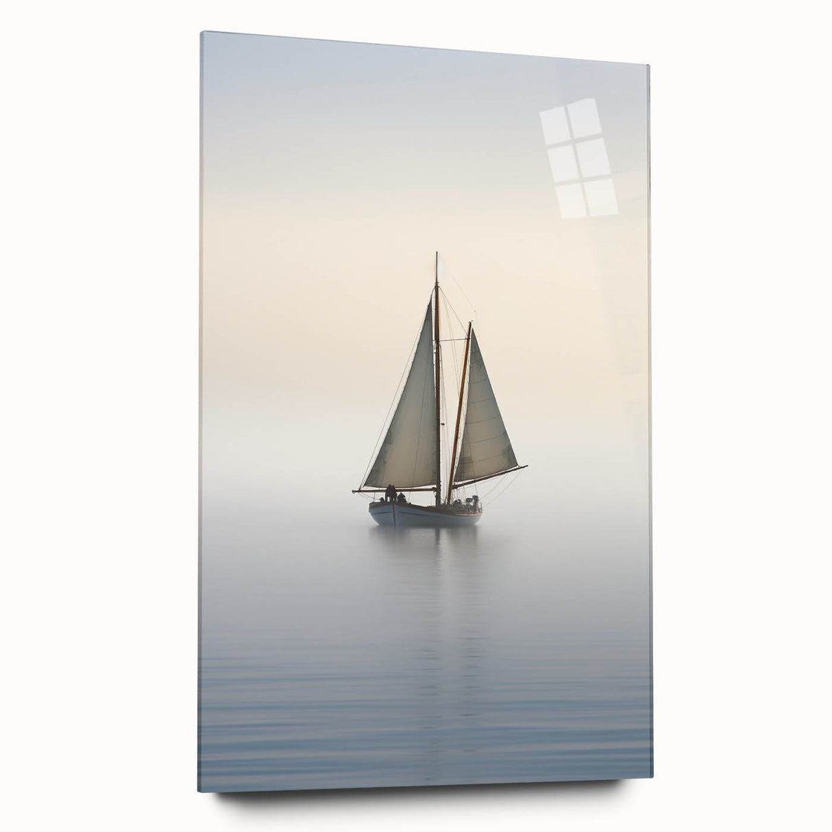 Acrylic print of a large abstract sailboat in muted blue and white tones, ideal for bedroom or dining room art.