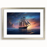 Abstract art print of a sailboat in muted blue and white tones on a silver-framed canvas.