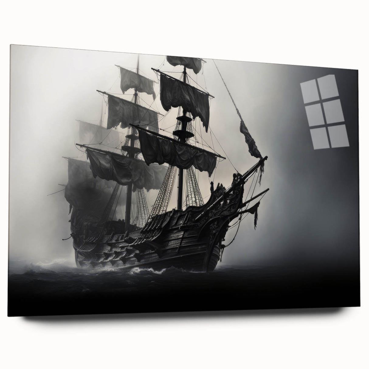 Acrylic print of a large abstract sailboat in blue and white tones, suitable for bedroom or dining room art.