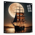Side view of a large abstract sailboat art on acrylic glass, featuring muted blue and white tones.