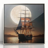 Art deco style sailboat poster in muted blue and silver hues, acrylic print framed in silver.