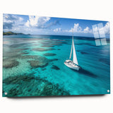 Acrylic print of a sailboat in vibrant blue and white tones, suited for dining room or bedroom decor.