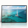 Large abstract wall art depicting sailboats in bold, monochrome colors on a framed acrylic print.
