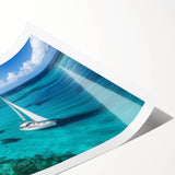 Extra large wall art featuring a sailboat on a rolled canvas, rendered in muted blue and white tones.