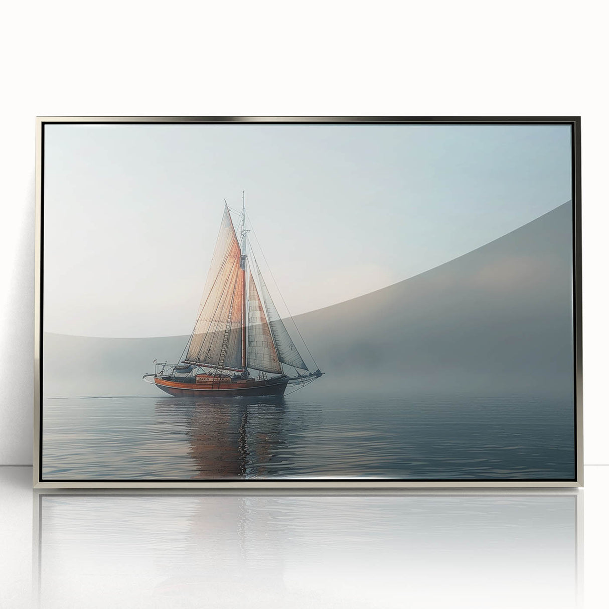 Art deco style sailboat depicted in pastel blues and whites on a silver-framed acrylic, ideal for nursery wall art.