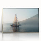 Art deco style sailboat depicted in pastel blues and whites on a silver-framed acrylic, ideal for nursery wall art.