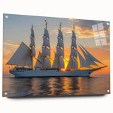 Side view of a large abstract sailboat in muted blue and white tones on acrylic glass, ideal for dining room art.