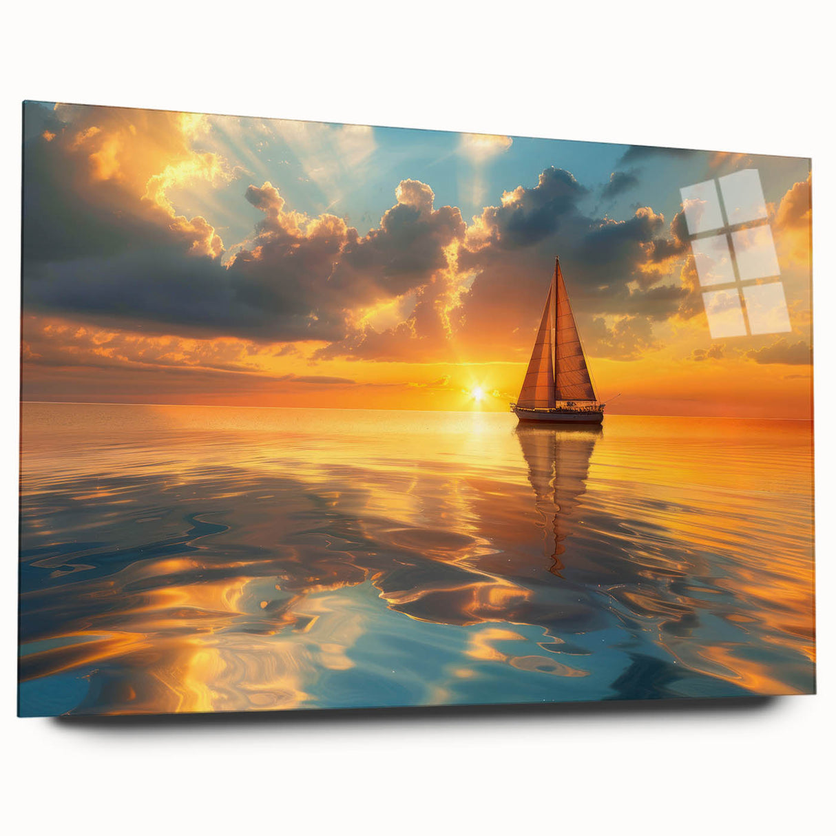 Acrylic print of a large abstract sailboat in shades of blue and white, suitable for bedroom or dining room art.