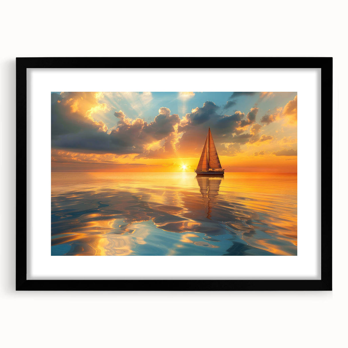 Abstract art print of a colorful sailboat on textured canvas, framed in black, ideal for living room decor.